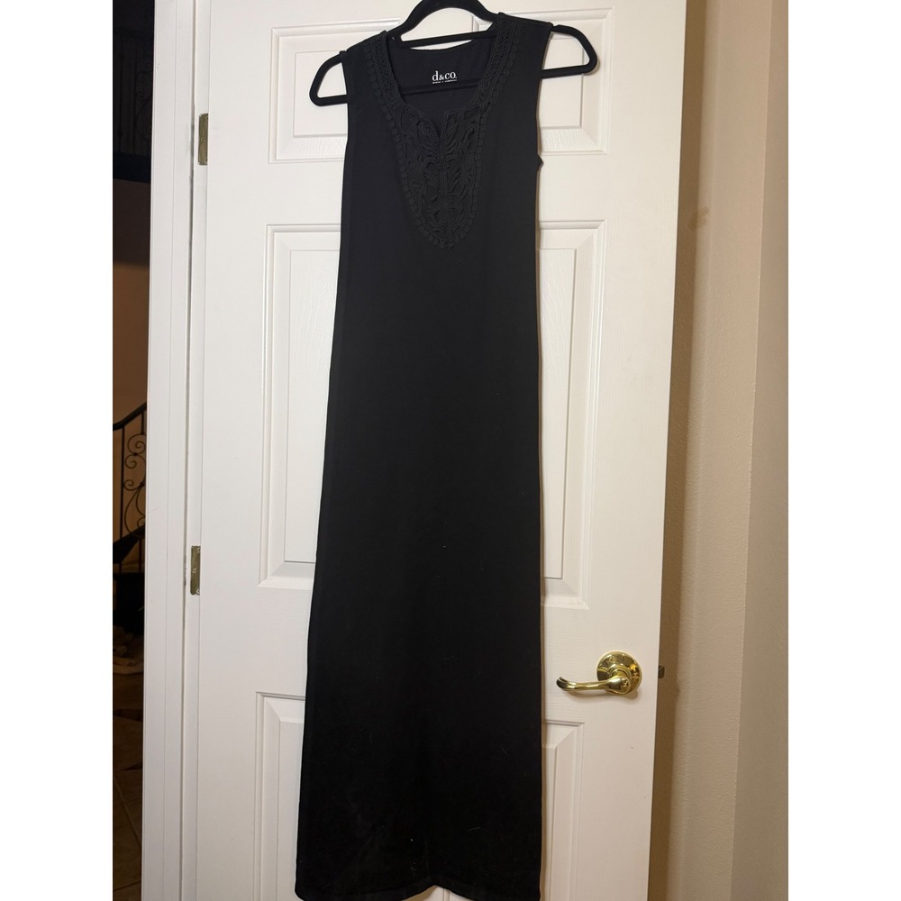 Denim & Co Black Sleeveless Maxi Dress Crochet Lace Neckline Small Tie Back